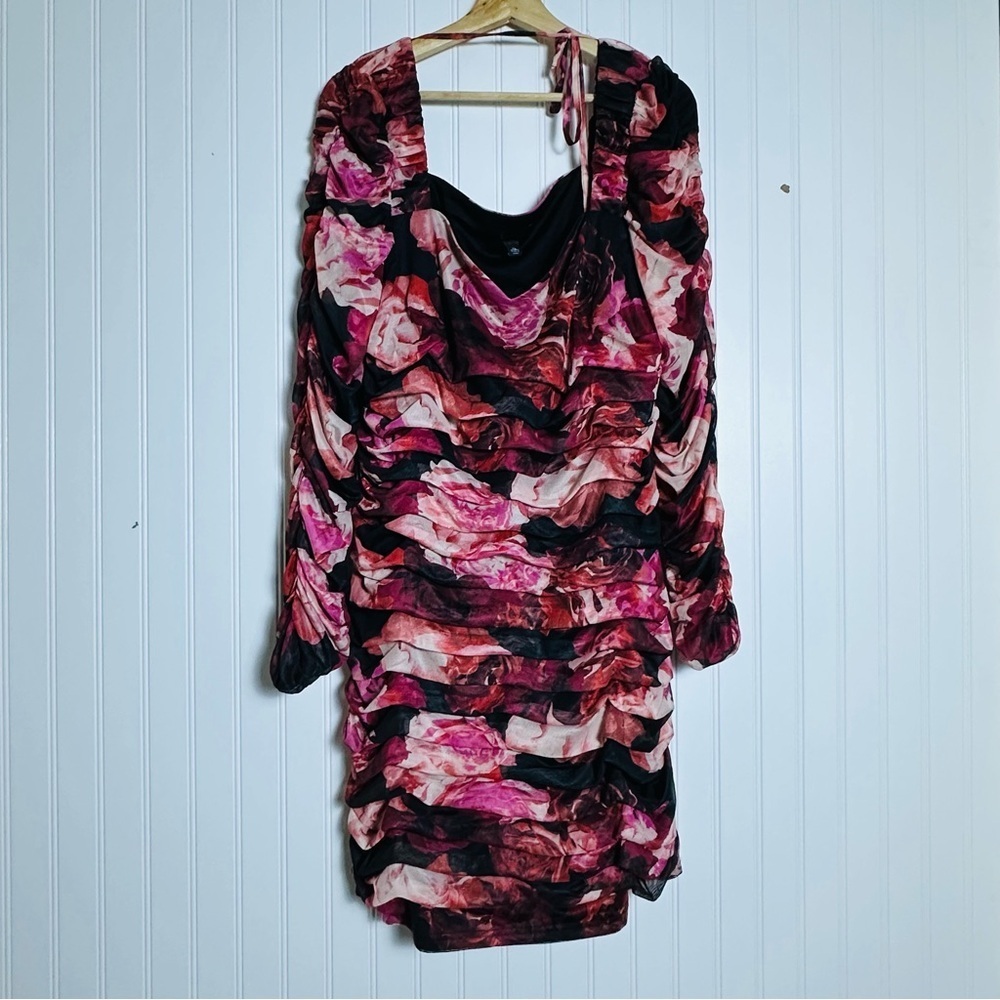 Ruched Floral Long-Sleeve Mini Dress in Pink and Black Cache XL - Picture 6 of 10